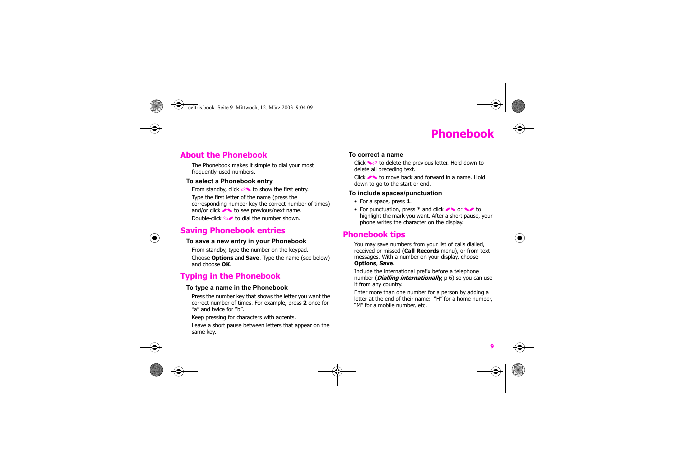 Phonebook | Siemens Xelibri 1 User Manual | Page 10 / 31