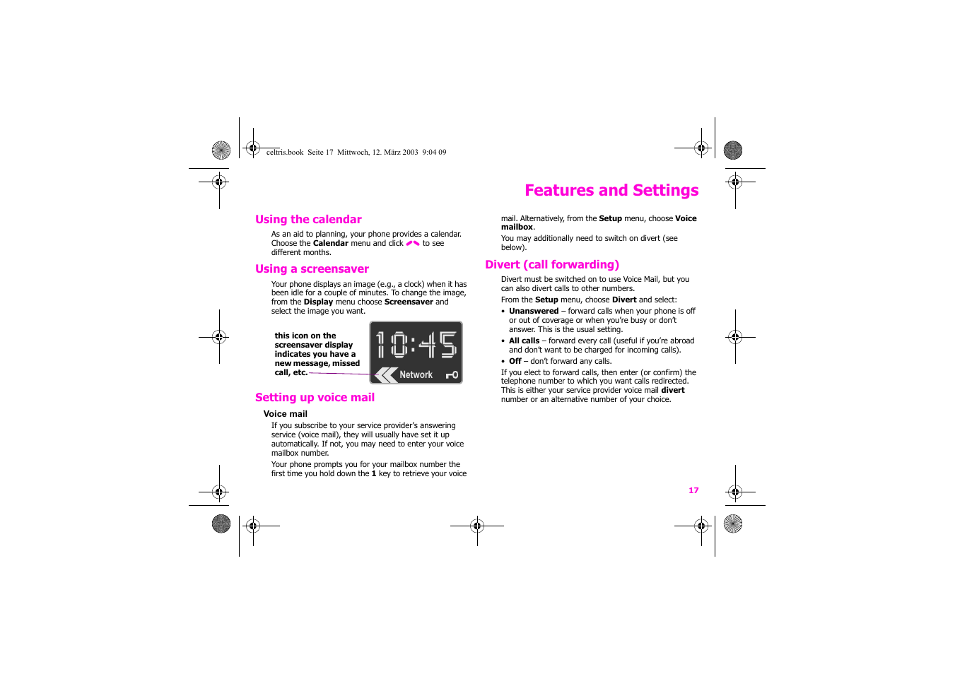 Features and settings | Siemens Xelibri 1 User Manual | Page 18 / 31