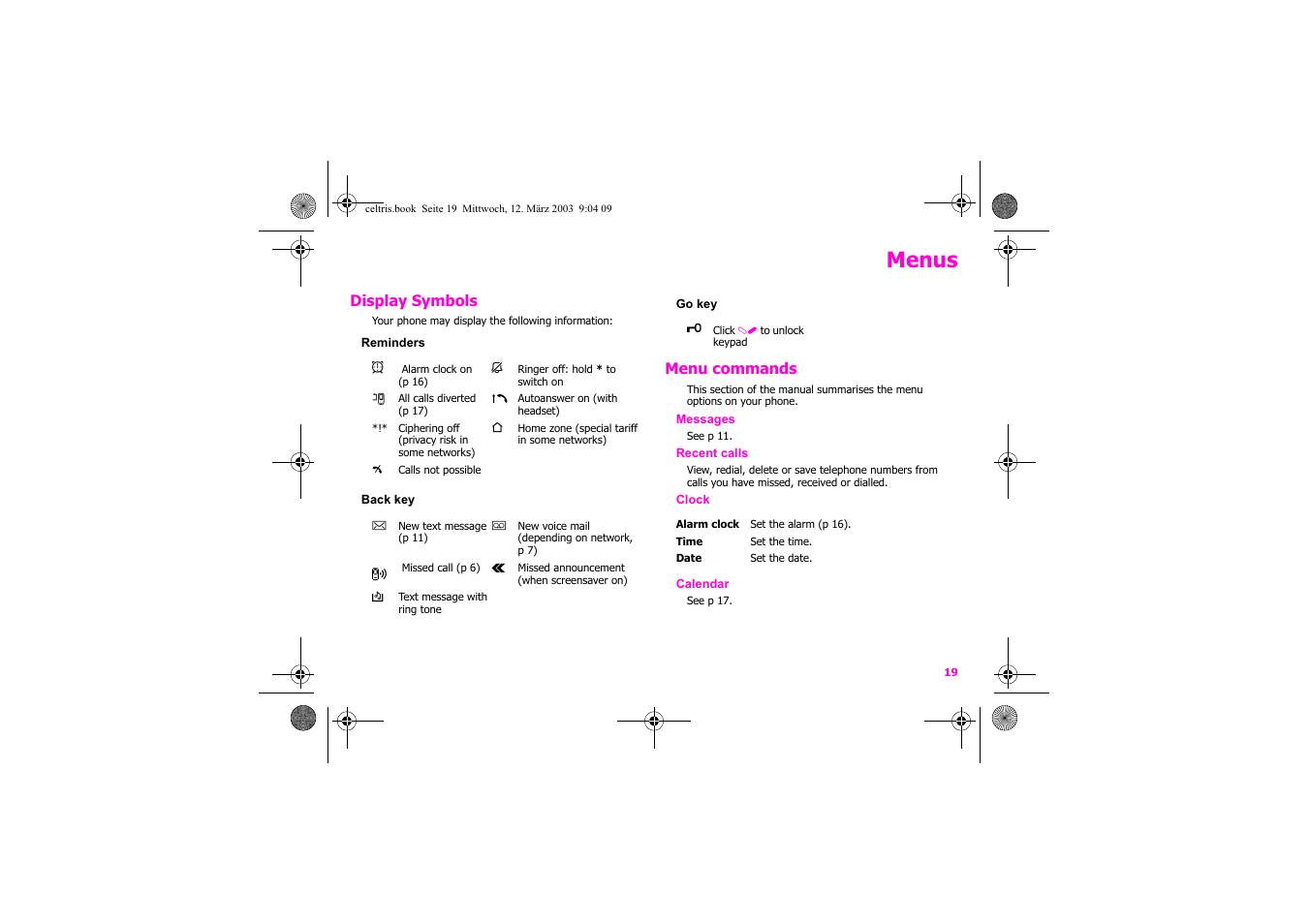 Menus | Siemens Xelibri 1 User Manual | Page 20 / 31