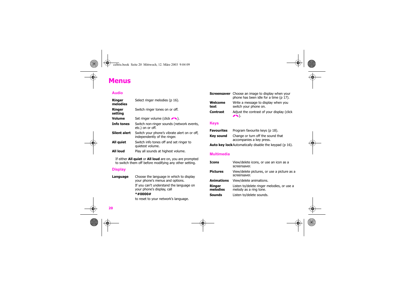 Menus | Siemens Xelibri 1 User Manual | Page 21 / 31