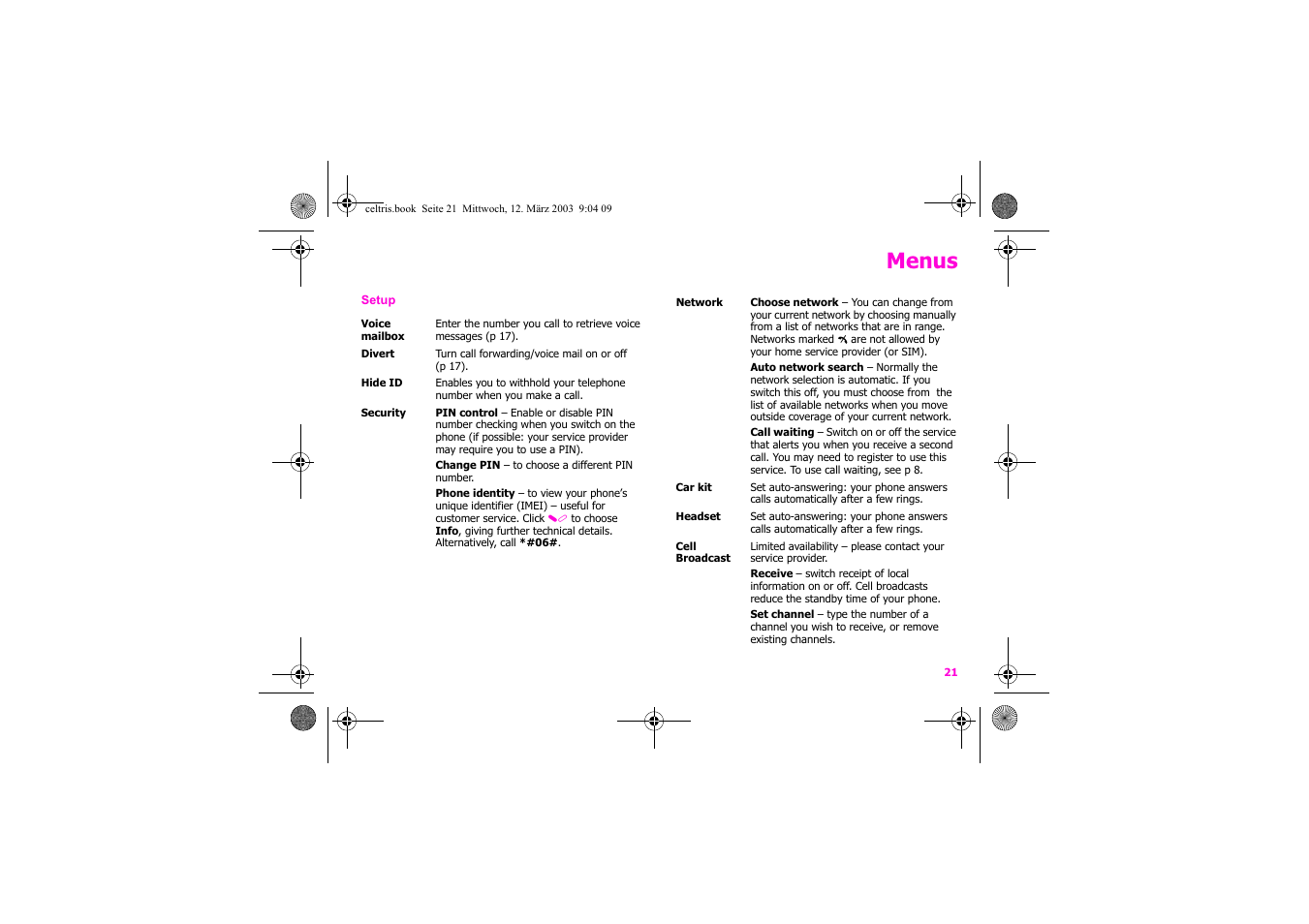 Menus | Siemens Xelibri 1 User Manual | Page 22 / 31