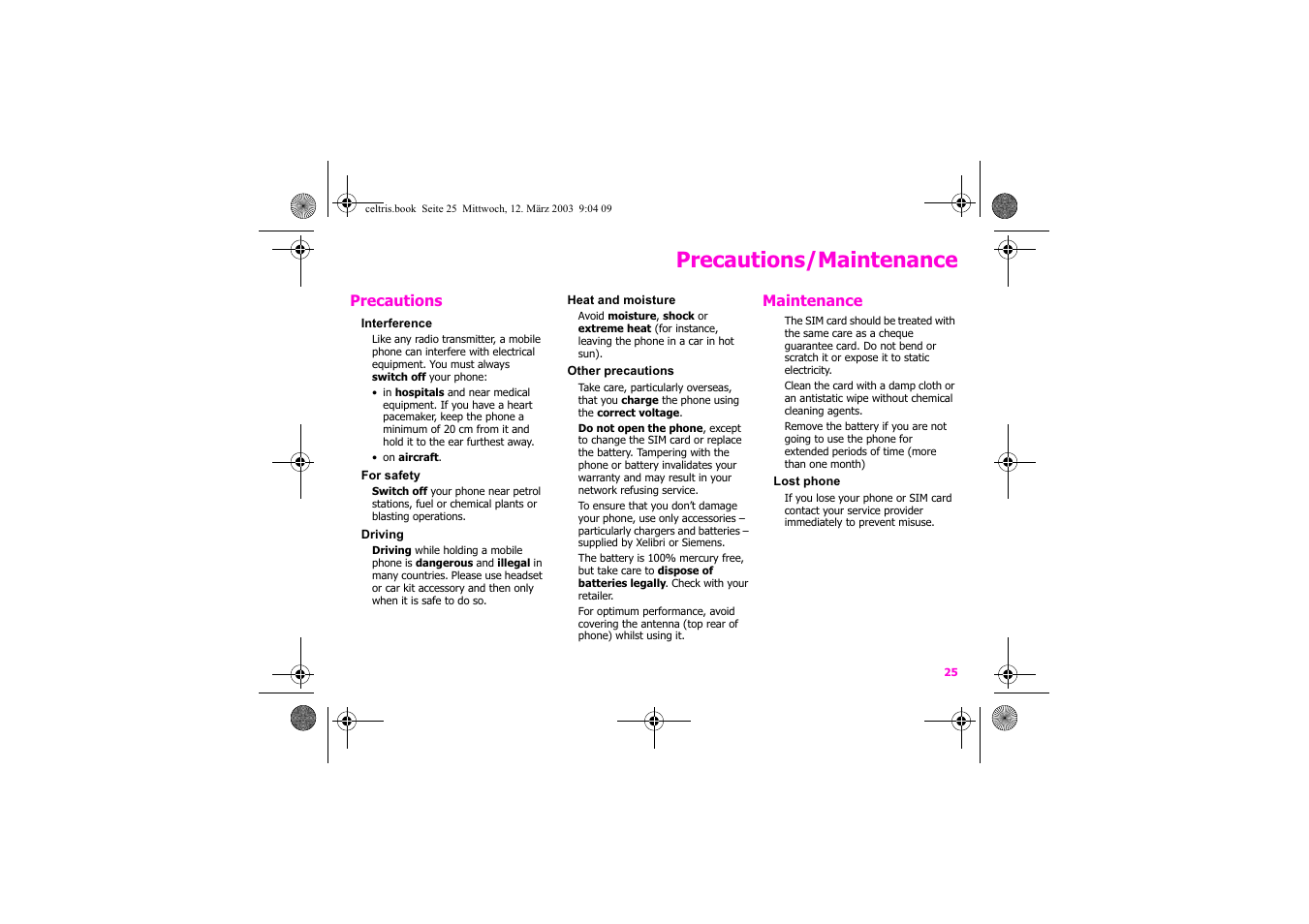 Precautions/maintenance | Siemens Xelibri 1 User Manual | Page 26 / 31