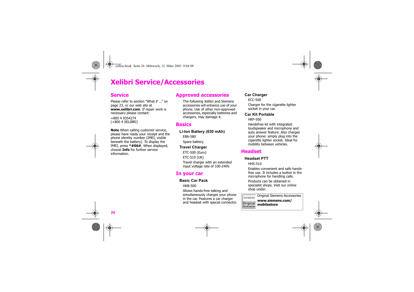 Xelibri service/accessories | Siemens Xelibri 1 User Manual | Page 27 / 31