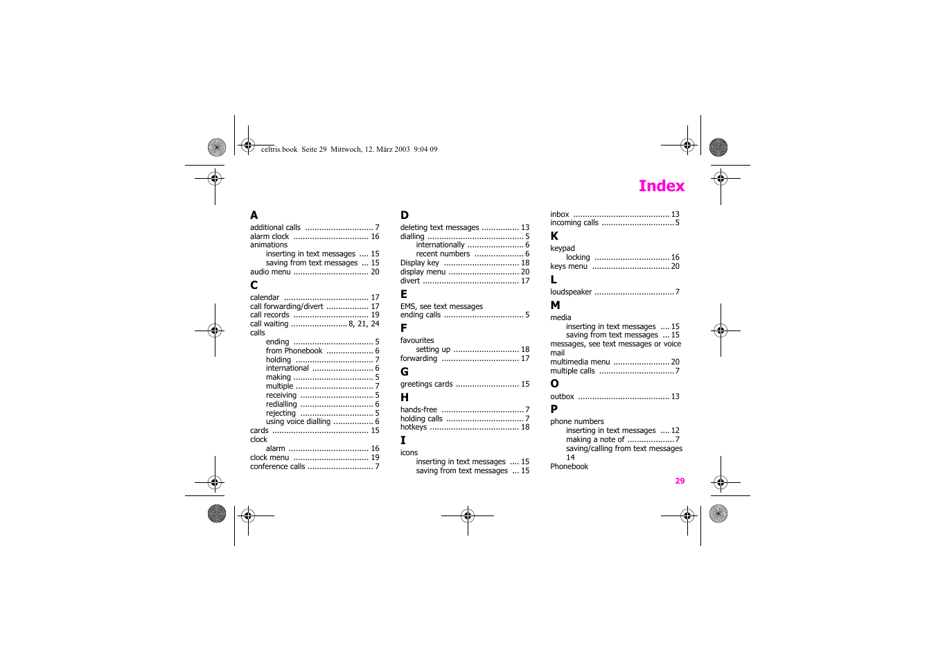 Index | Siemens Xelibri 1 User Manual | Page 30 / 31