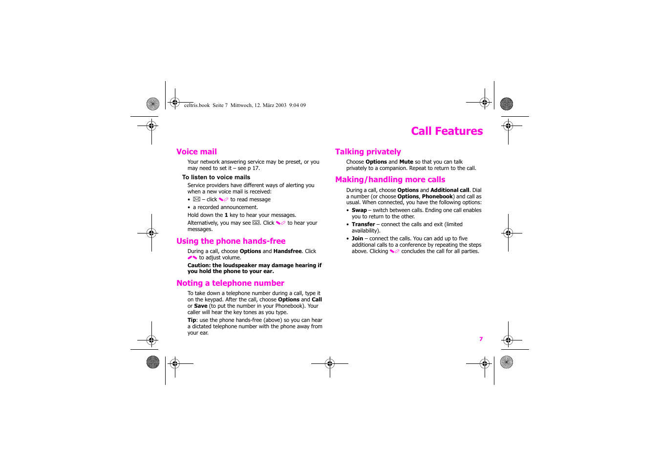 Call features | Siemens Xelibri 1 User Manual | Page 8 / 31