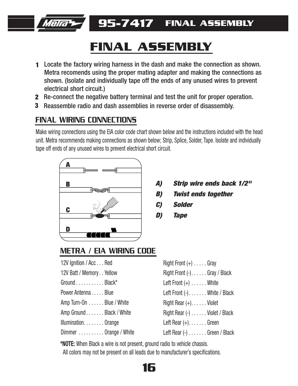 Final assembly, Metra / eia wiring code final wiring connections | Metra Electronics 95-7417 User Manual | Page 18 / 20