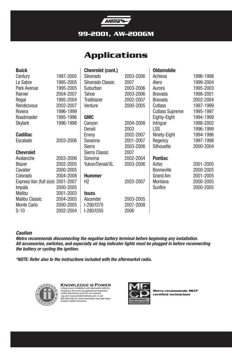 Applications | Metra Electronics AW-200GM User Manual | Page 2 / 36