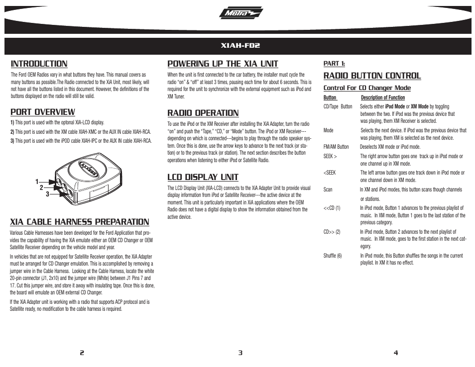 Introduction, Xia cable harness preparation, Powering up the xia unit | Radio operation, Lcd display unit, Radio button control, Port overview | Metra Electronics XIAH-FD2 User Manual | Page 2 / 2