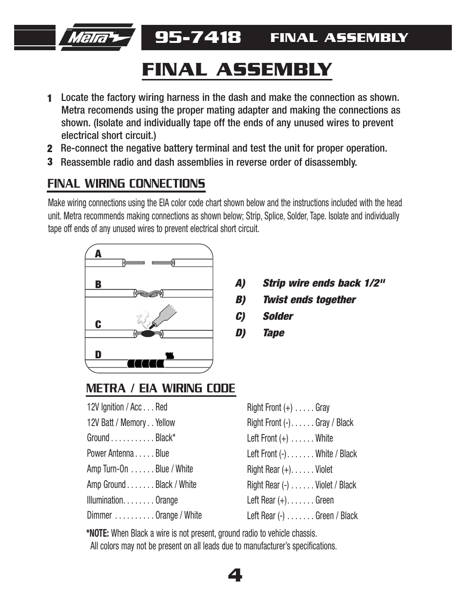Final assembly, Metra / eia wiring code final wiring connections | Metra Electronics 95-7418 User Manual | Page 6 / 8