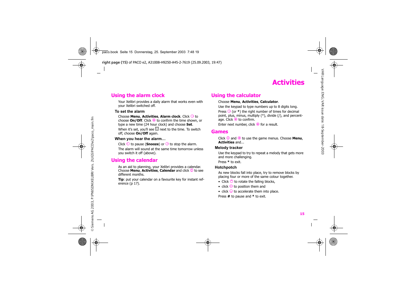 Activities | Siemens Xelibri 5 User Manual | Page 16 / 30