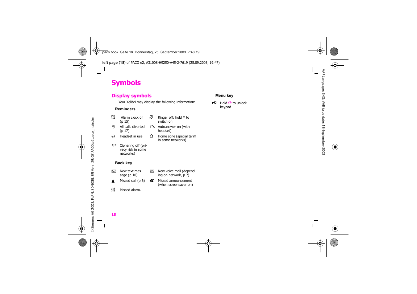 Symbols | Siemens Xelibri 5 User Manual | Page 19 / 30