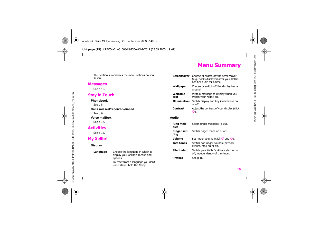 Menu summary | Siemens Xelibri 5 User Manual | Page 20 / 30