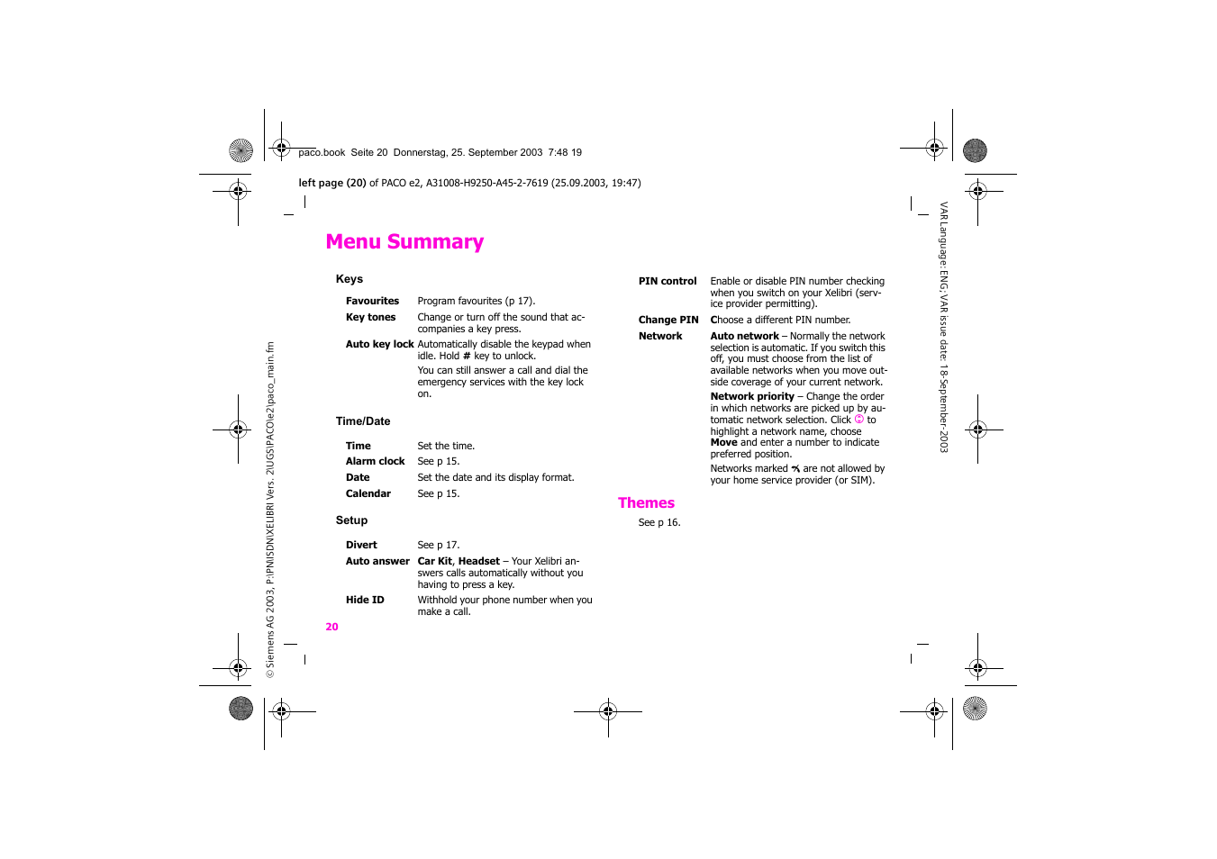 Menu summary, Themes | Siemens Xelibri 5 User Manual | Page 21 / 30