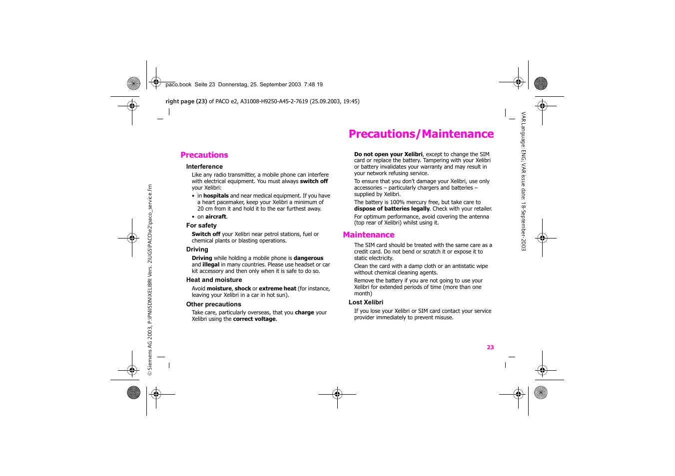 Precautions/maintenance | Siemens Xelibri 5 User Manual | Page 24 / 30