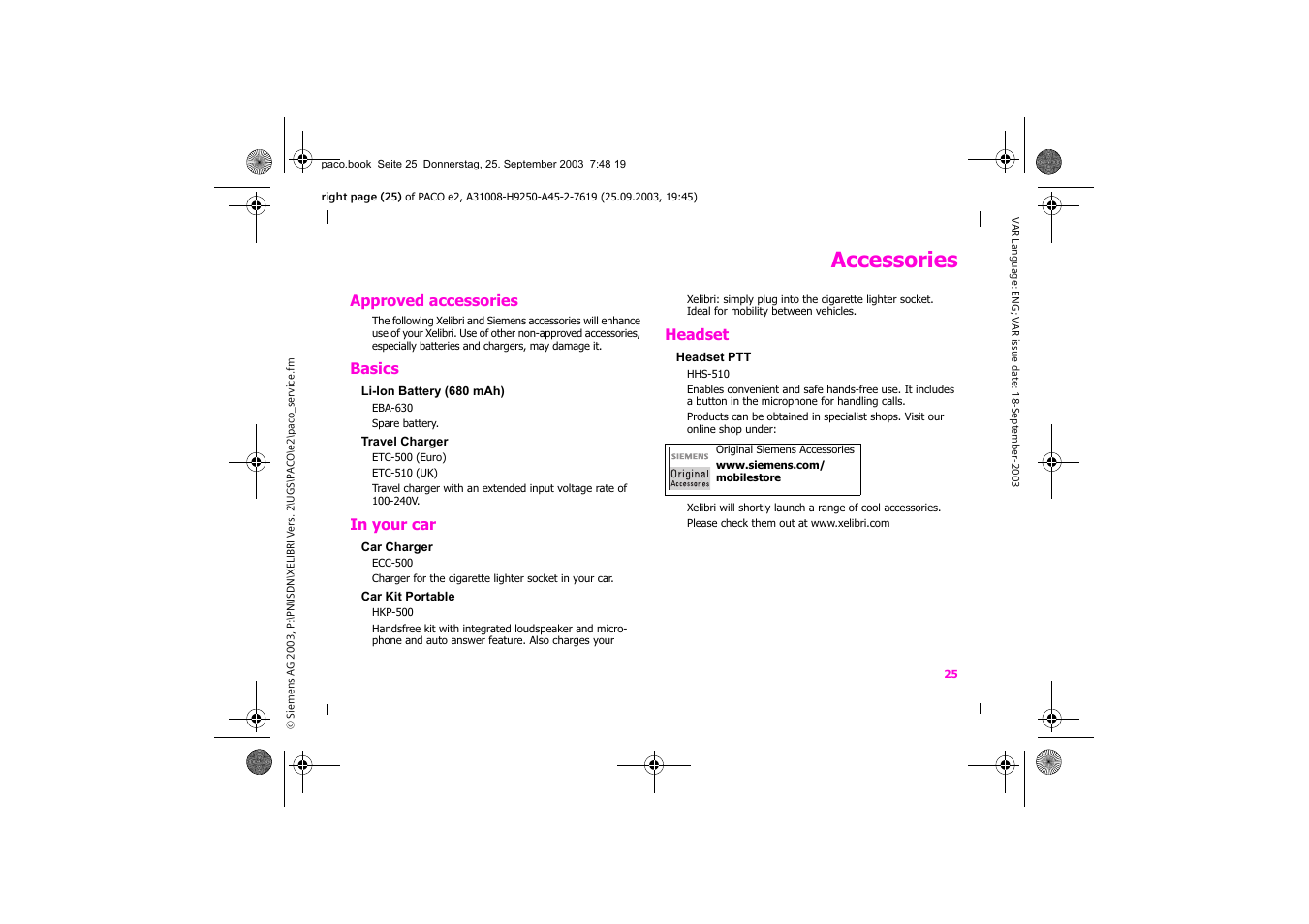 Accessories | Siemens Xelibri 5 User Manual | Page 26 / 30