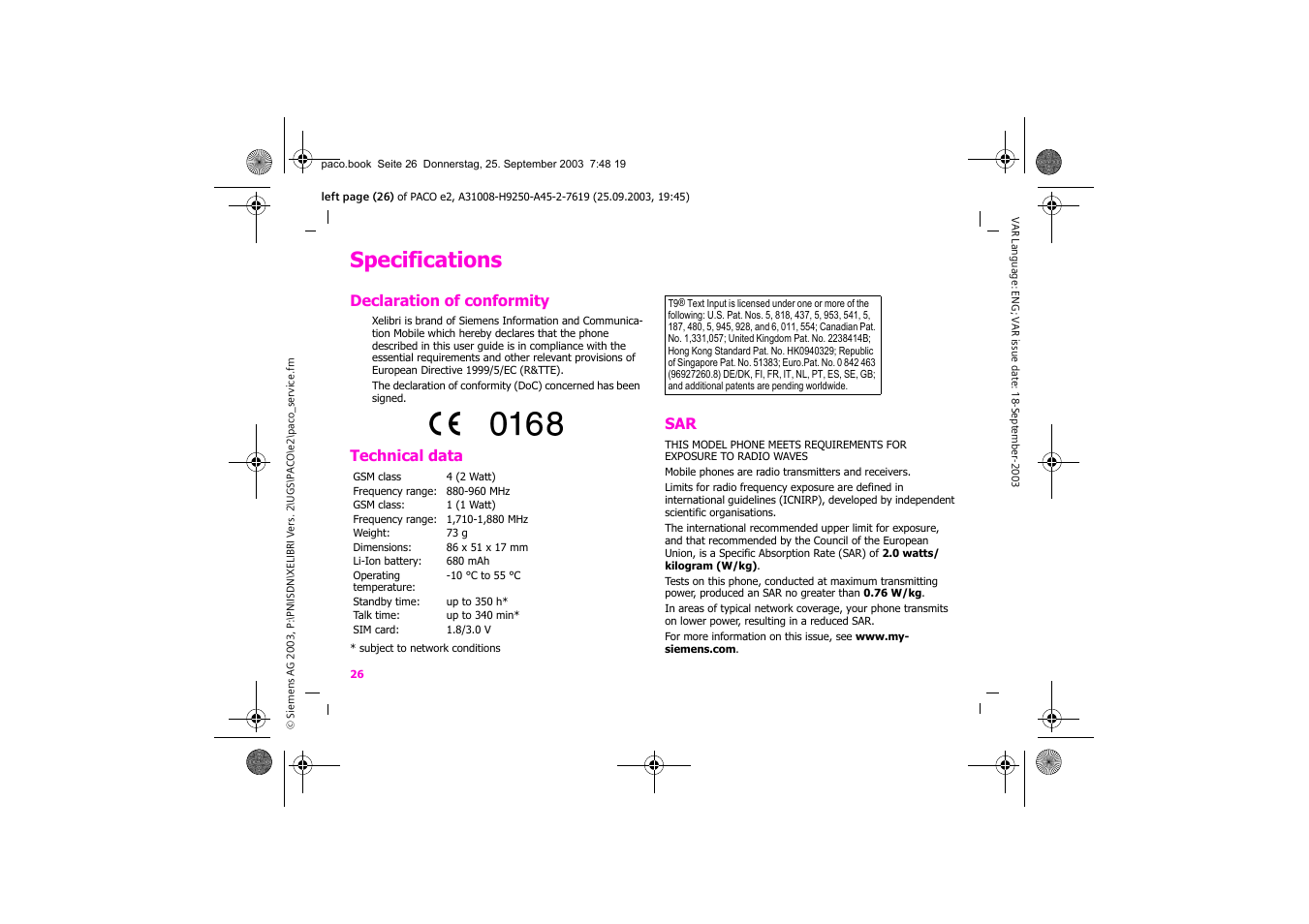 Specifications, Declaration of conformity, Technical data | Siemens Xelibri 5 User Manual | Page 27 / 30