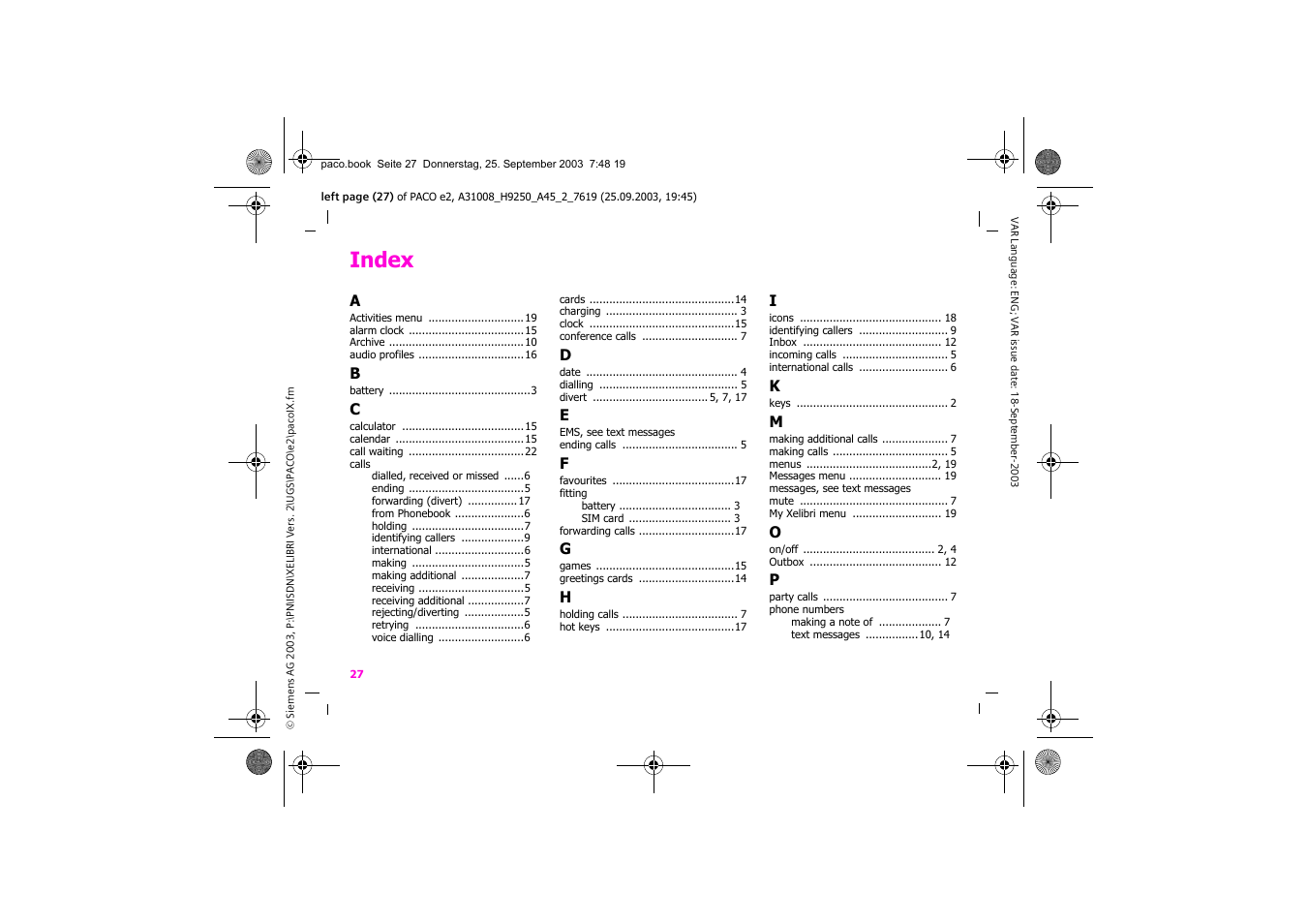 Index | Siemens Xelibri 5 User Manual | Page 28 / 30