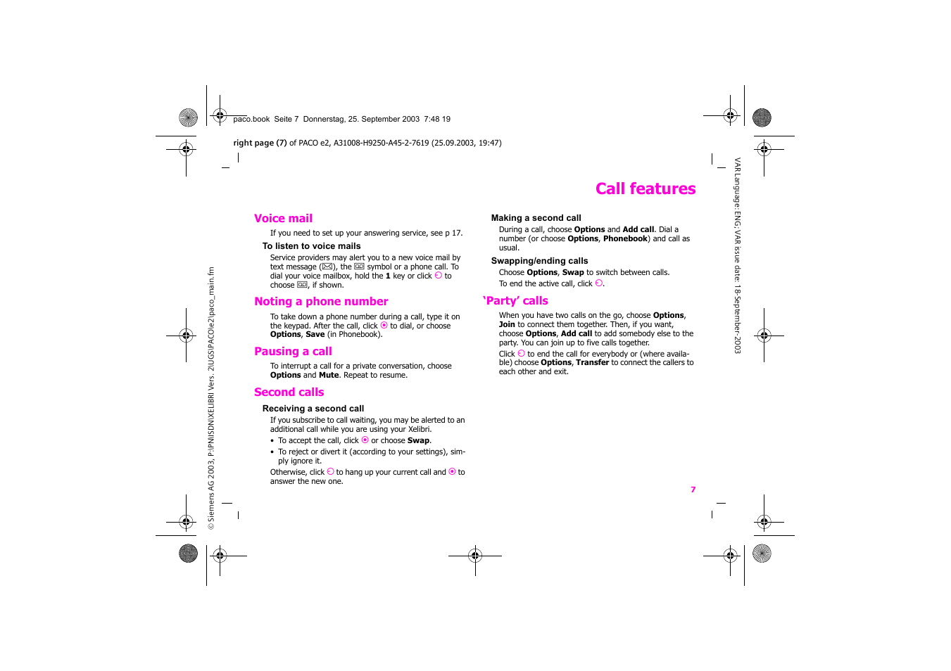 Call features | Siemens Xelibri 5 User Manual | Page 8 / 30