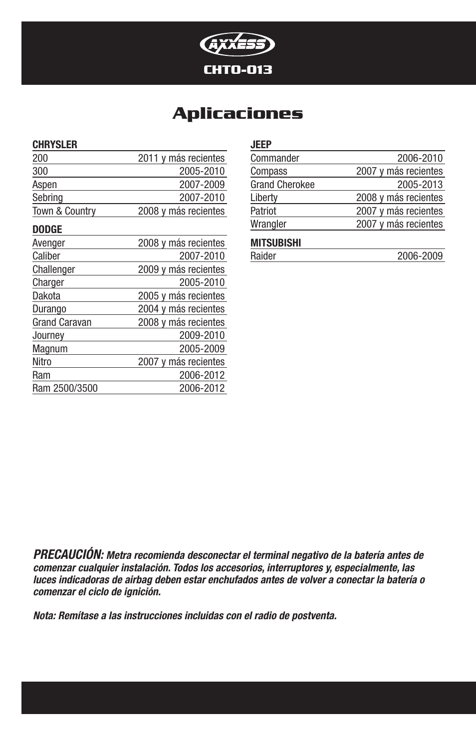 Aplicaciones, Chto-013 precaución | Metra Electronics CHTO-013 User Manual | Page 10 / 16