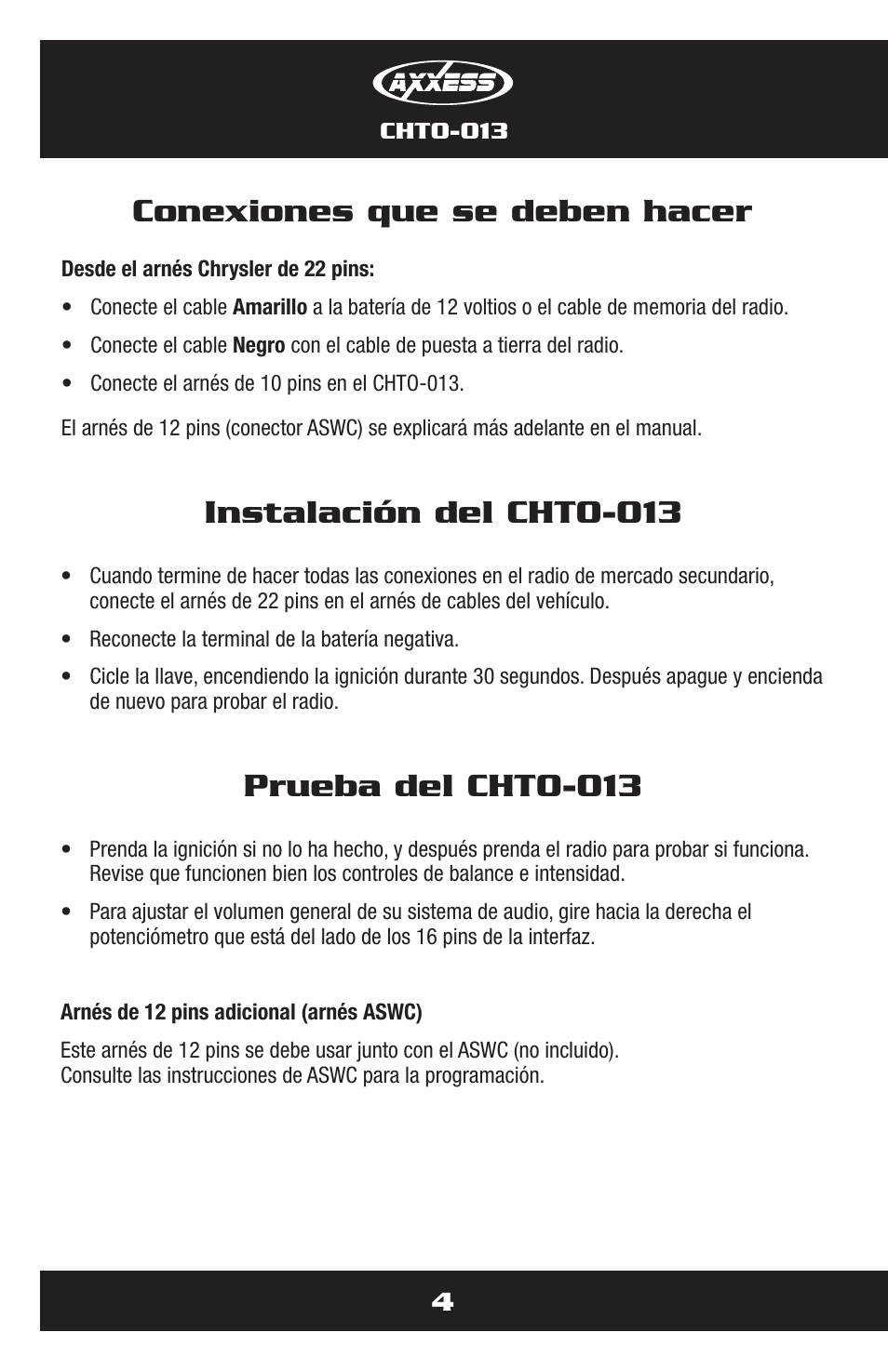 Instalación del chto-013, Prueba del chto-013, Conexiones que se deben hacer | Metra Electronics CHTO-013 User Manual | Page 12 / 16