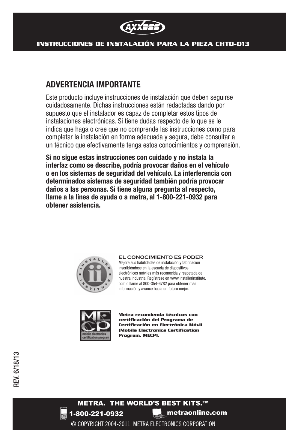 Advertencia importante | Metra Electronics CHTO-013 User Manual | Page 16 / 16