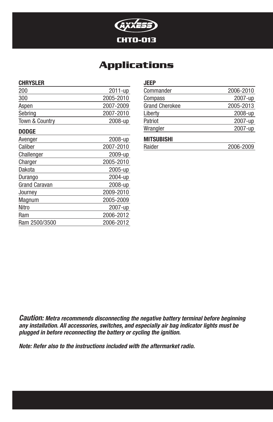 Applications, Chto-013 caution | Metra Electronics CHTO-013 User Manual | Page 2 / 16