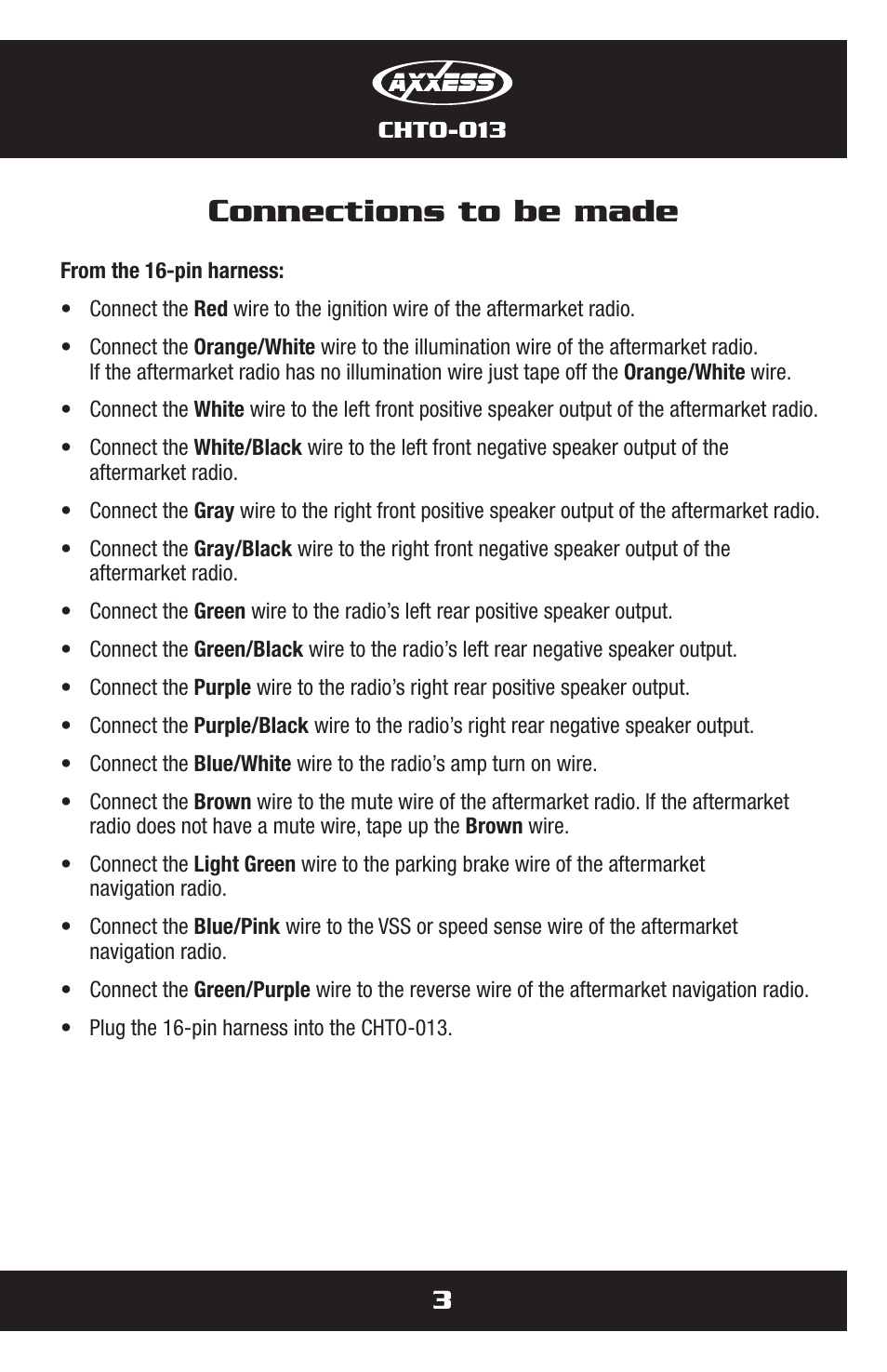 Connections to be made | Metra Electronics CHTO-013 User Manual | Page 3 / 16