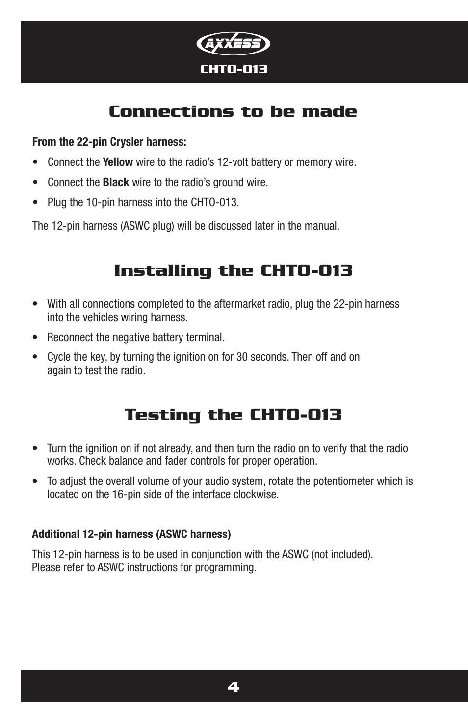 Installing the chto-013, Testing the chto-013, Connections to be made | Metra Electronics CHTO-013 User Manual | Page 4 / 16