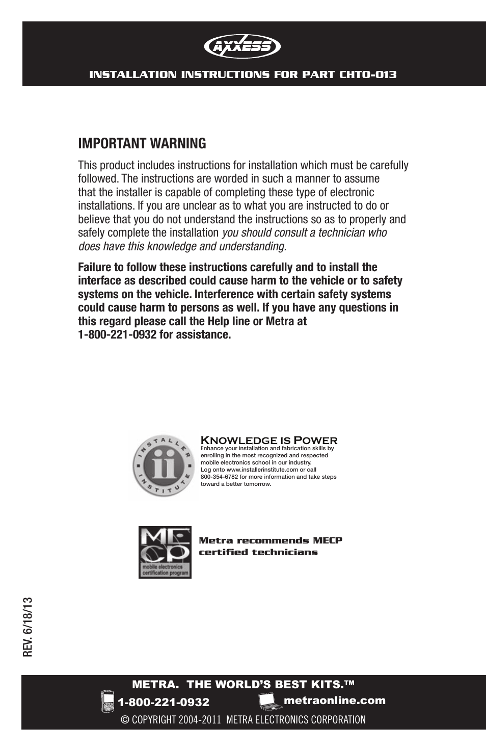Important warning | Metra Electronics CHTO-013 User Manual | Page 8 / 16