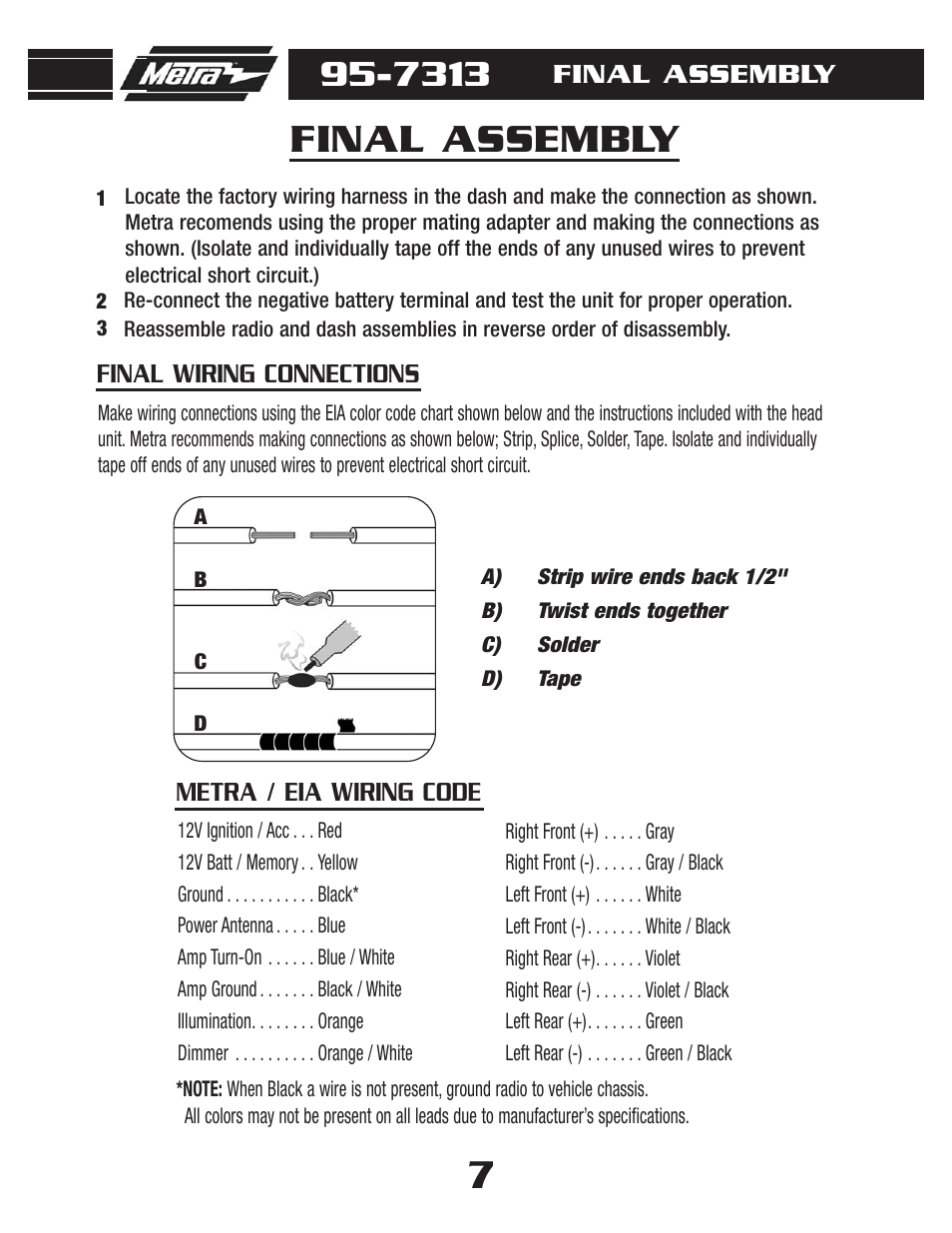 Final assembly, Metra / eia wiring code final wiring connections | Metra Electronics 95-7313 User Manual | Page 9 / 12