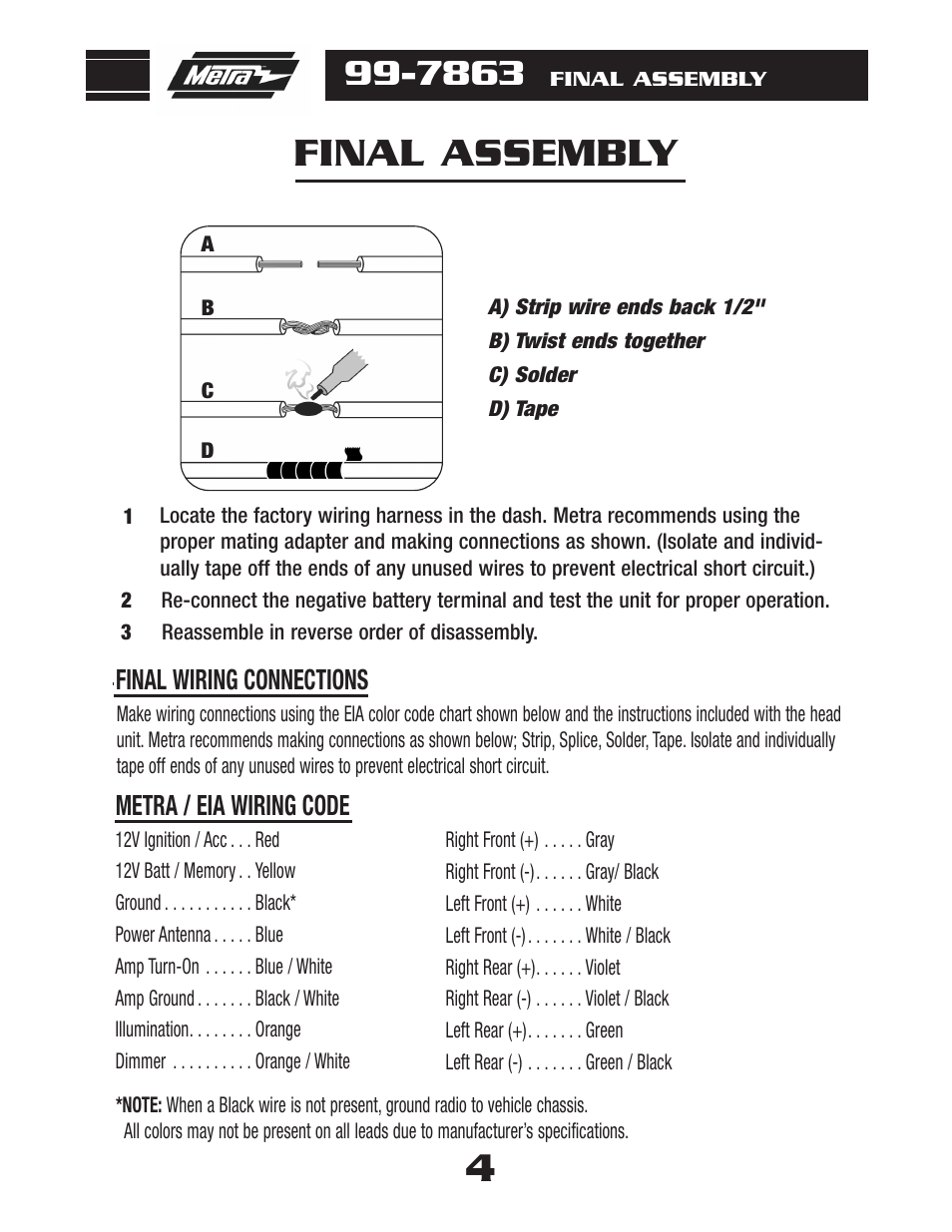 Final assembly, Metra / eia wiring code, Final wiring connections | Metra Electronics 99-7863 User Manual | Page 6 / 8