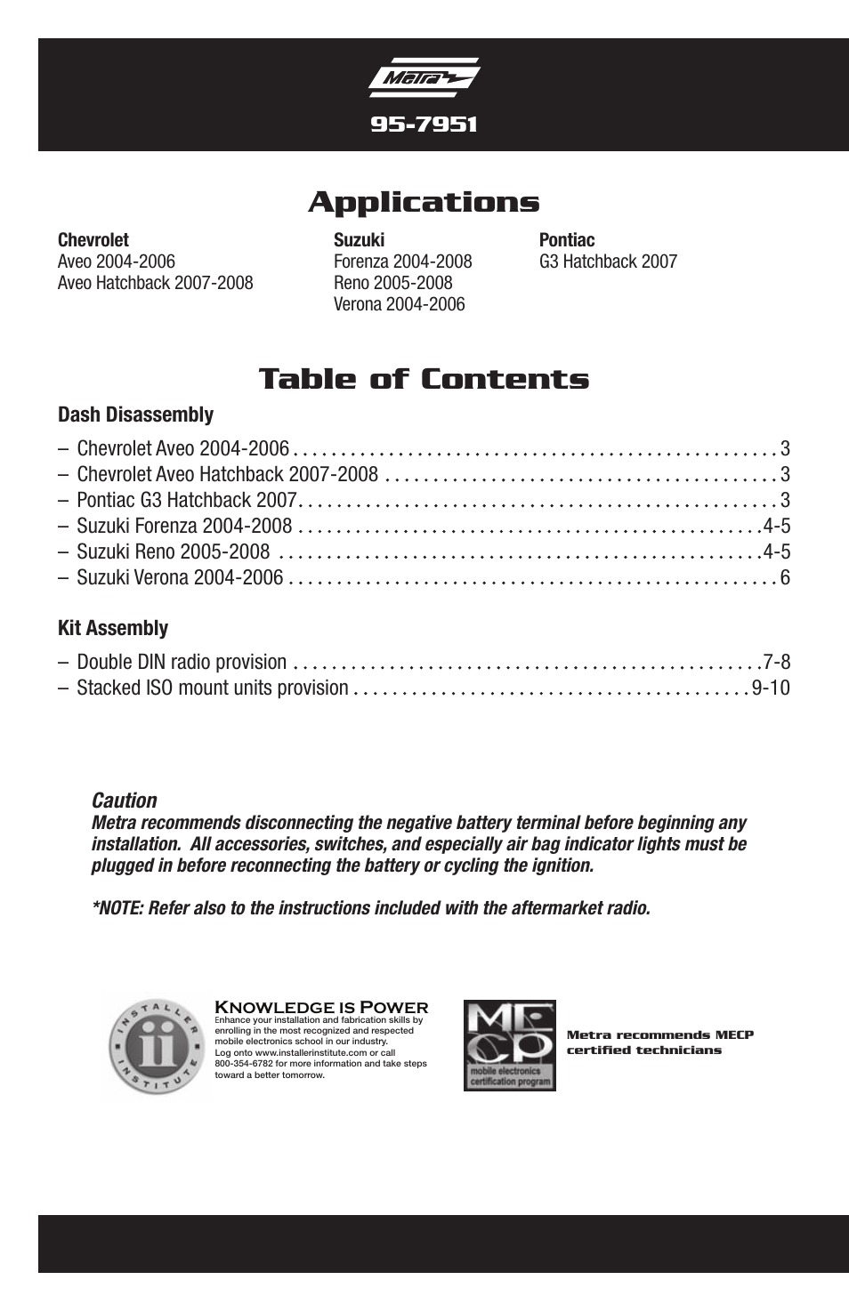 Table of contents applications | Metra Electronics multi-kit 95-7951 for Chevrolet User Manual | Page 2 / 12