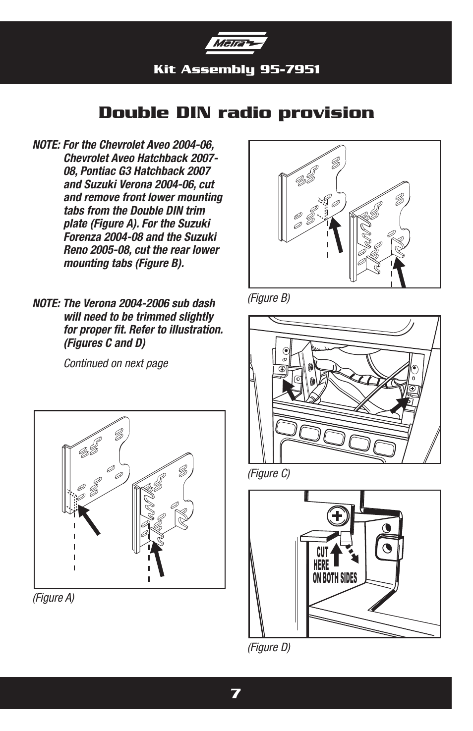 Double din radio provision, Cut here on both sides | Metra Electronics multi-kit 95-7951 for Chevrolet User Manual | Page 7 / 12