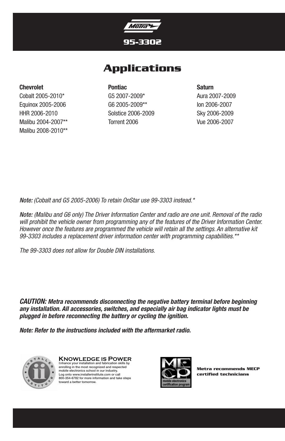 Applications, Caution | Metra Electronics 95-3302 User Manual | Page 2 / 40