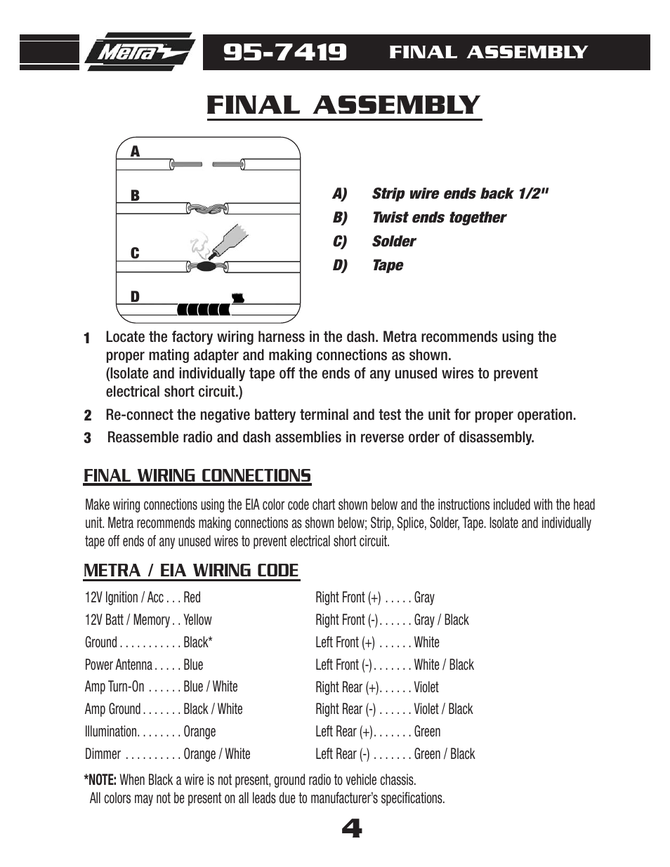 Final assembly, Metra / eia wiring code final wiring connections | Metra Electronics 95-7419 User Manual | Page 6 / 8