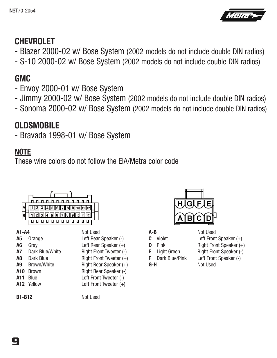 2002 models do not include double din radios) | Metra Electronics 70-2054 User Manual | Page 14 / 16