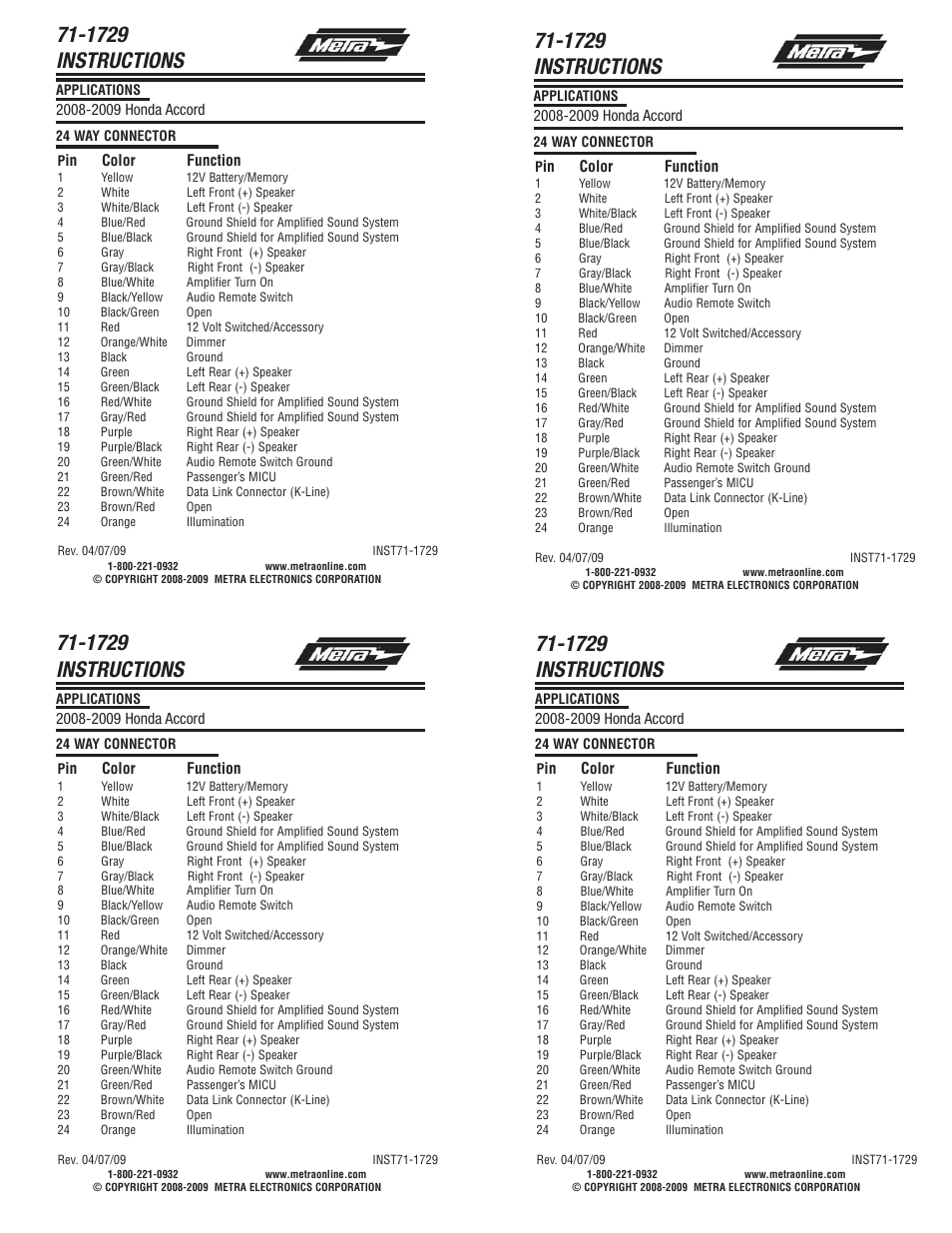 Metra Electronics 71-1729 User Manual | 1 page