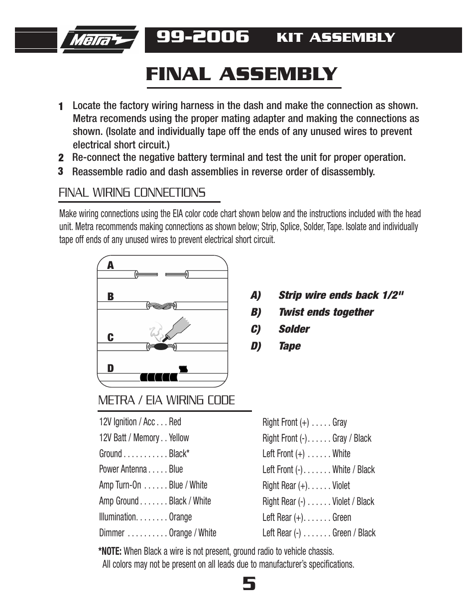 Final assembly, Metra / eia wiring code final wiring connections, Kit assembly | Metra Electronics 99-2006G User Manual | Page 7 / 8