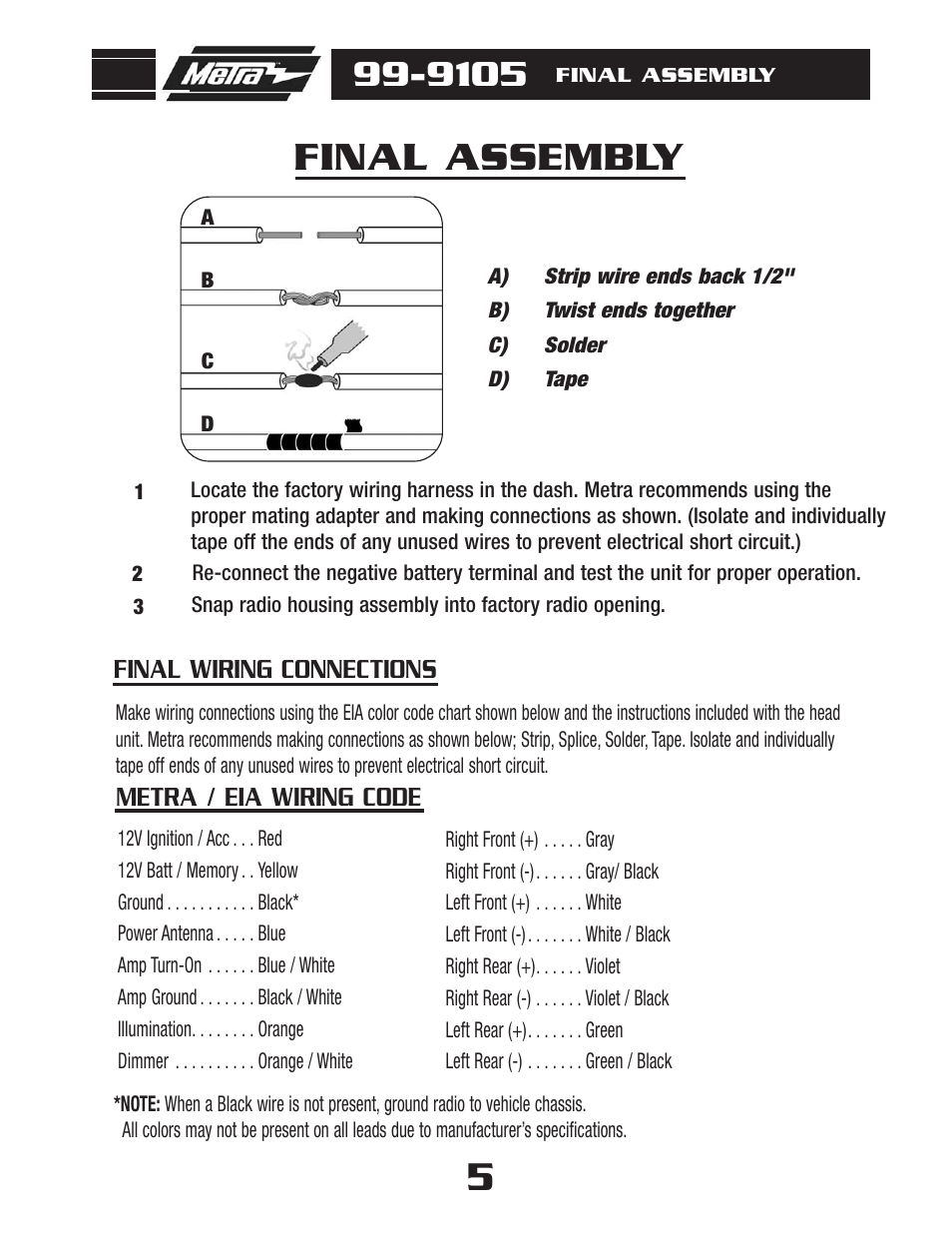 Final assembly, Final wiring connections, Metra / eia wiring code | Metra Electronics 99-9105 User Manual | Page 7 / 8