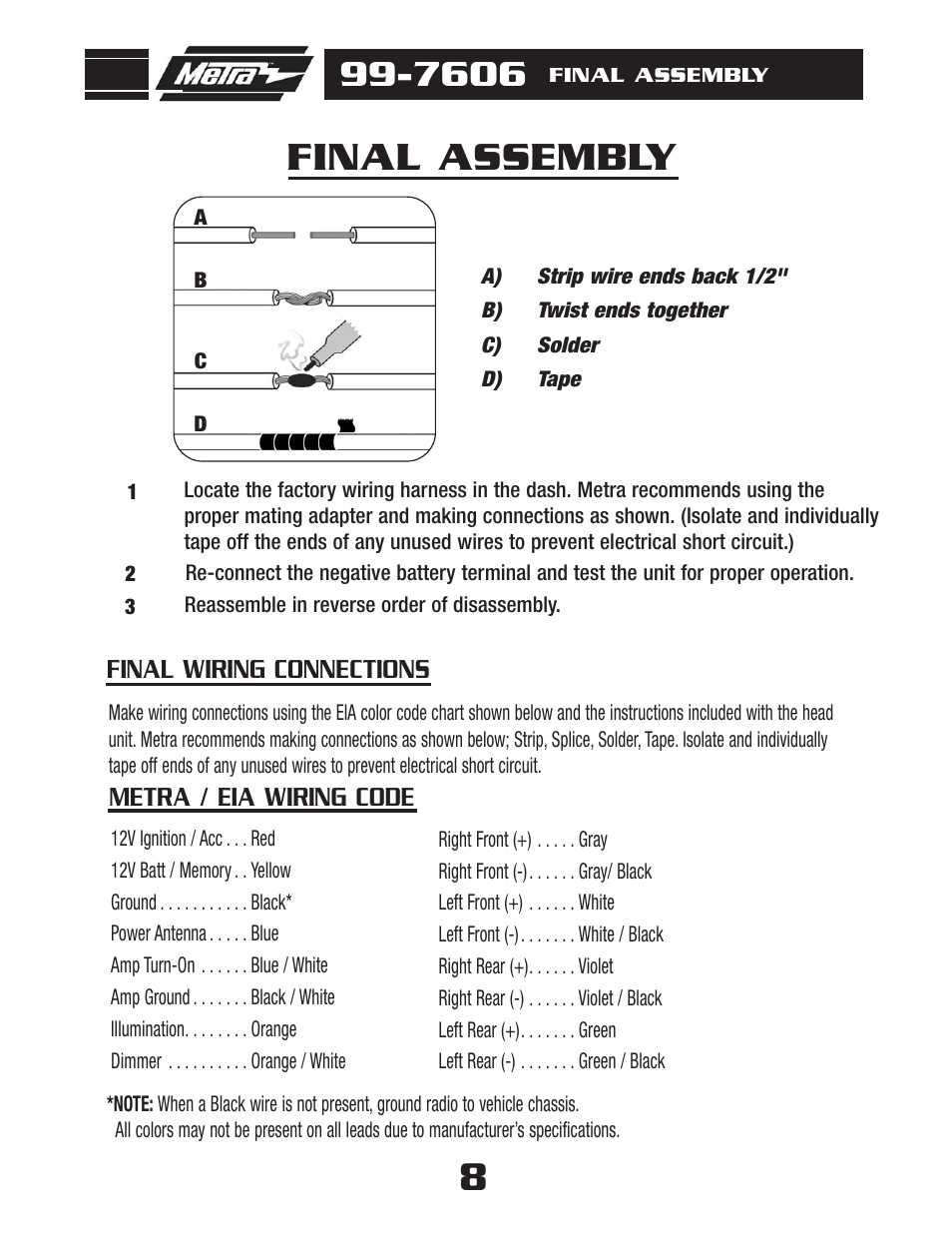 Final assembly, Final wiring connections, Metra / eia wiring code | Metra Electronics 99-7606 User Manual | Page 10 / 12