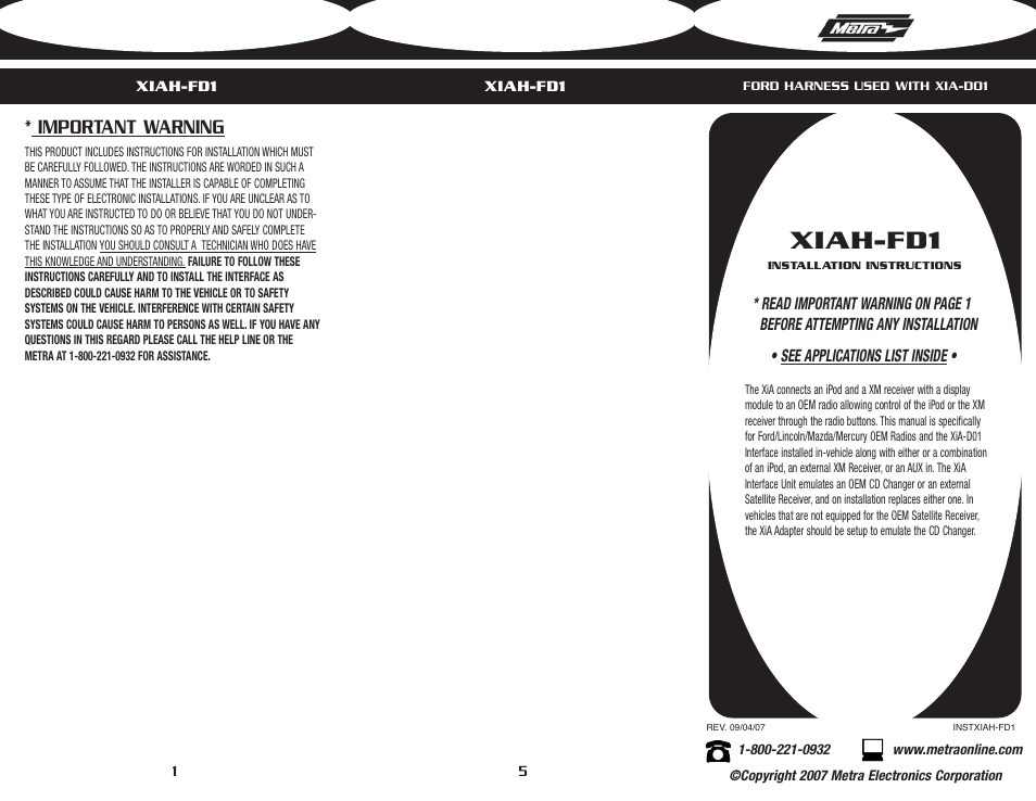 Metra Electronics XIAH-FD1 User Manual | 2 pages