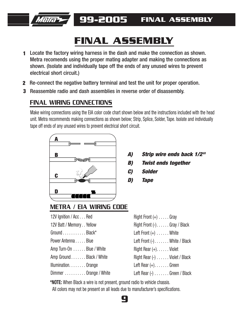 Final assembly, Metra / eia wiring code final wiring connections | Metra Electronics 99-2005 User Manual | Page 11 / 12