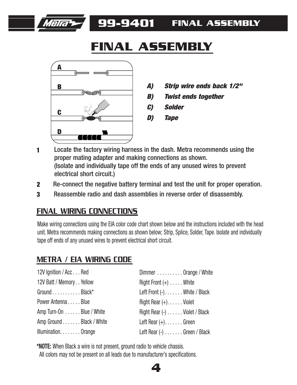 Final assembly, Metra / eia wiring code final wiring connections | Metra Electronics 99-9401 User Manual | Page 6 / 8