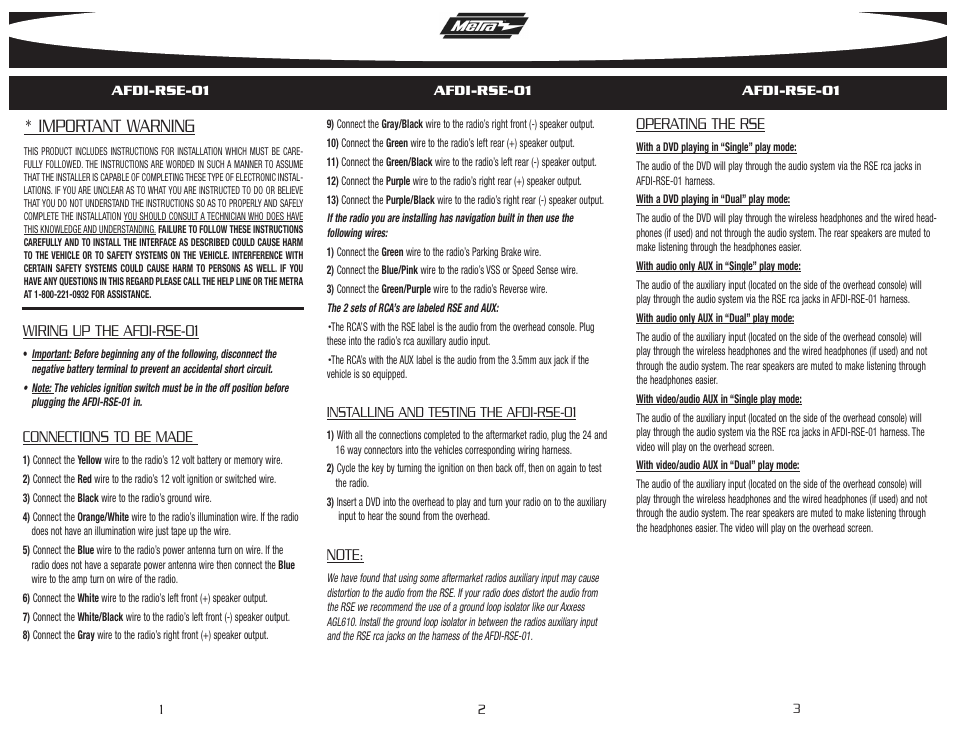 Important warning | Metra Electronics AFDI-RSE-01 User Manual | Page 2 / 2