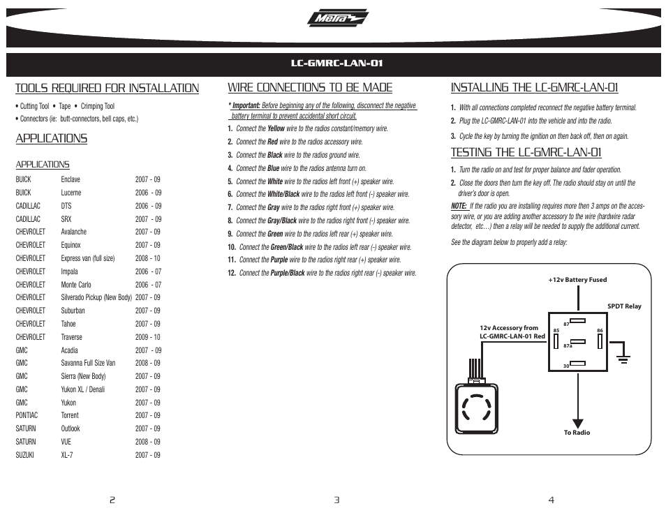 Installing the lc-gmrc-lan-01, Testing the lc-gmrc-lan-01, Tools required for installation | Wire connections to be made, Applications | Metra Electronics LC-GMRC-LAN-01 User Manual | Page 2 / 2