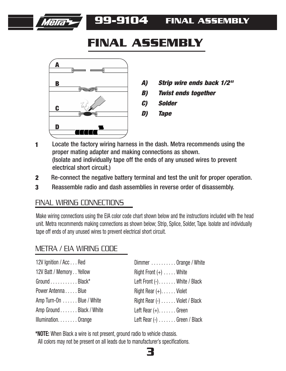 Final assembly, Metra / eia wiring code final wiring connections | Metra Electronics 99-9104 User Manual | Page 5 / 8