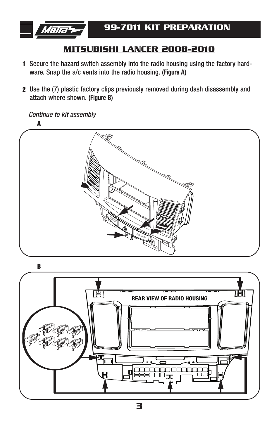 7011 kit preparation, Continue to kit assembly, Rear view of radio housing | Metra Electronics 99-7011 User Manual | Page 5 / 12