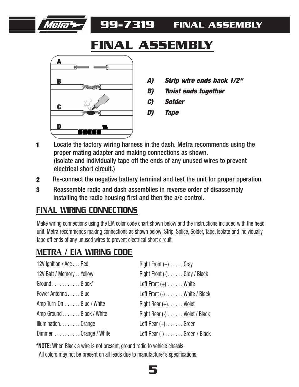 Final assembly, Metra / eia wiring code final wiring connections | Metra Electronics 99-7319 User Manual | Page 7 / 8