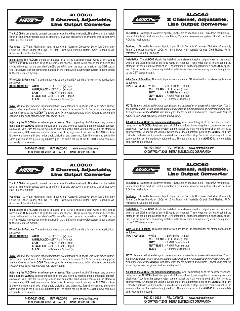 Metra Electronics ALOC60 User Manual | 1 page