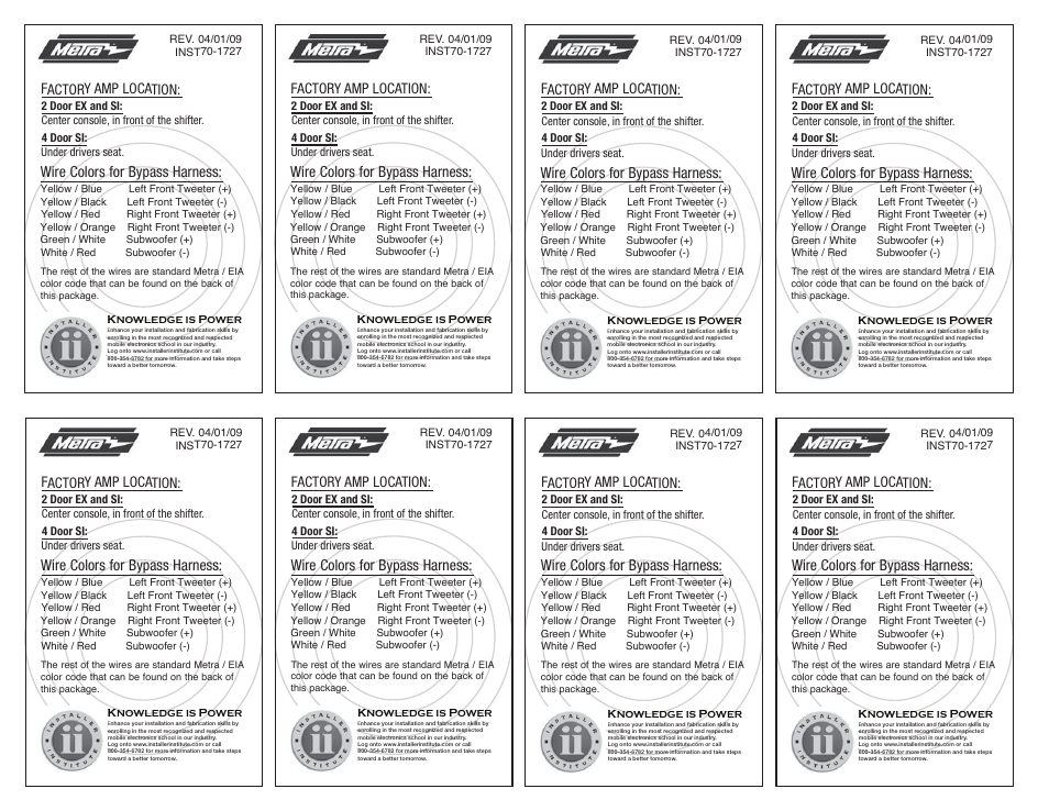 Wire colors for bypass harness, Fy actor amp location | Metra Electronics 70-1727 User Manual | Page 2 / 2